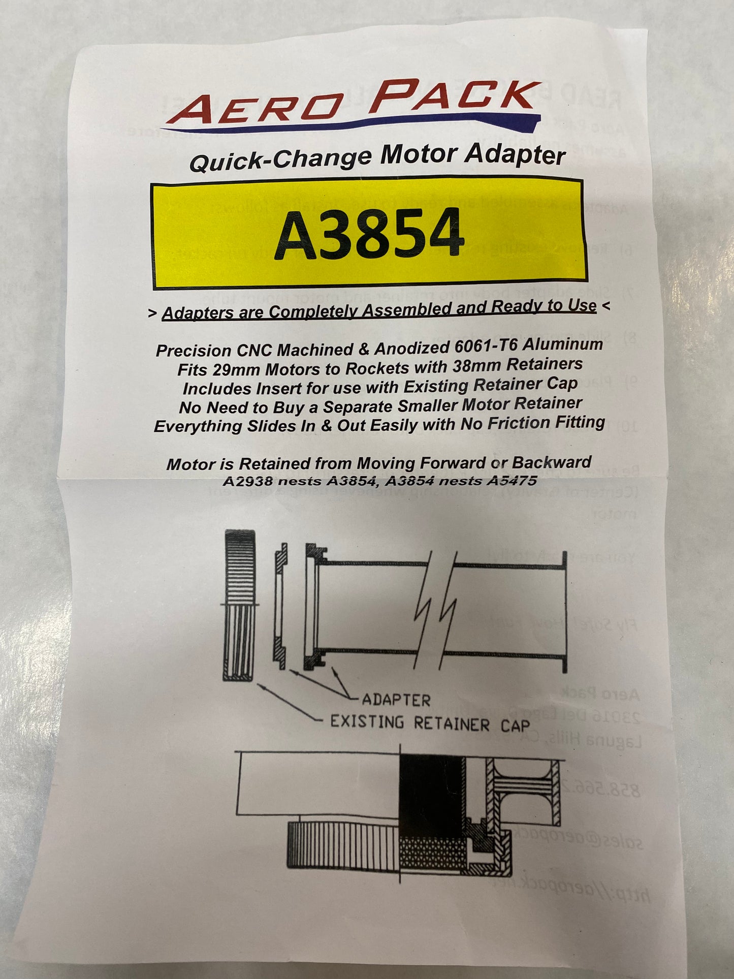 A3854 Aero pack Motor Adapter Assembly - 38mm to 54mm
